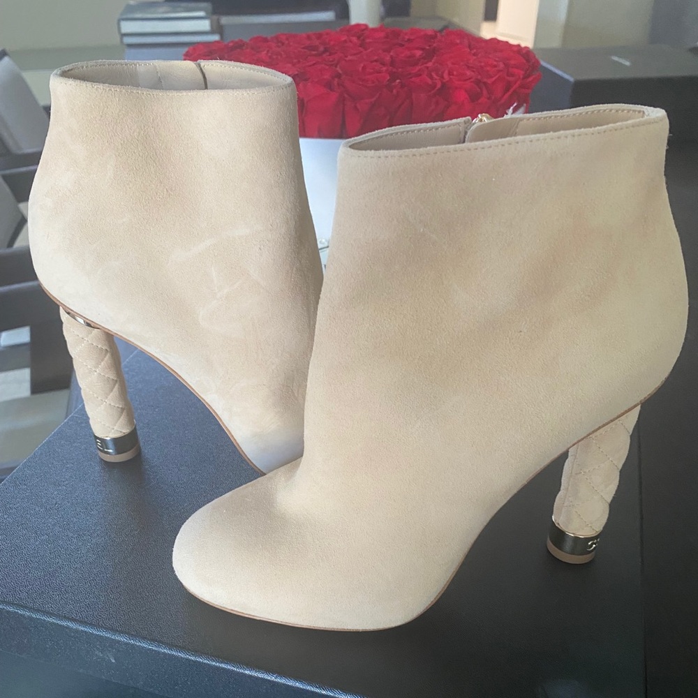 Chanel Beige Suede Coco Tower Quilted Ankle Heel